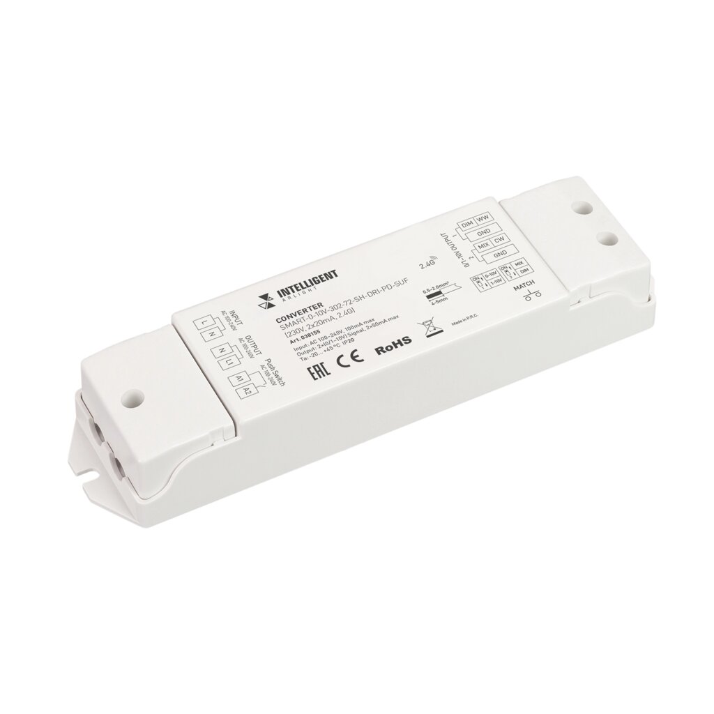 INTELLIGENT ARLIGHT Конвертер SMART-0-10V-302-72-SH-DRI-PD-SUF (230V, 2x20mA, 2.4G) (IARL, IP20 Пластик, 5 лет) от компании ФЕРОСВЕТ - фото 1