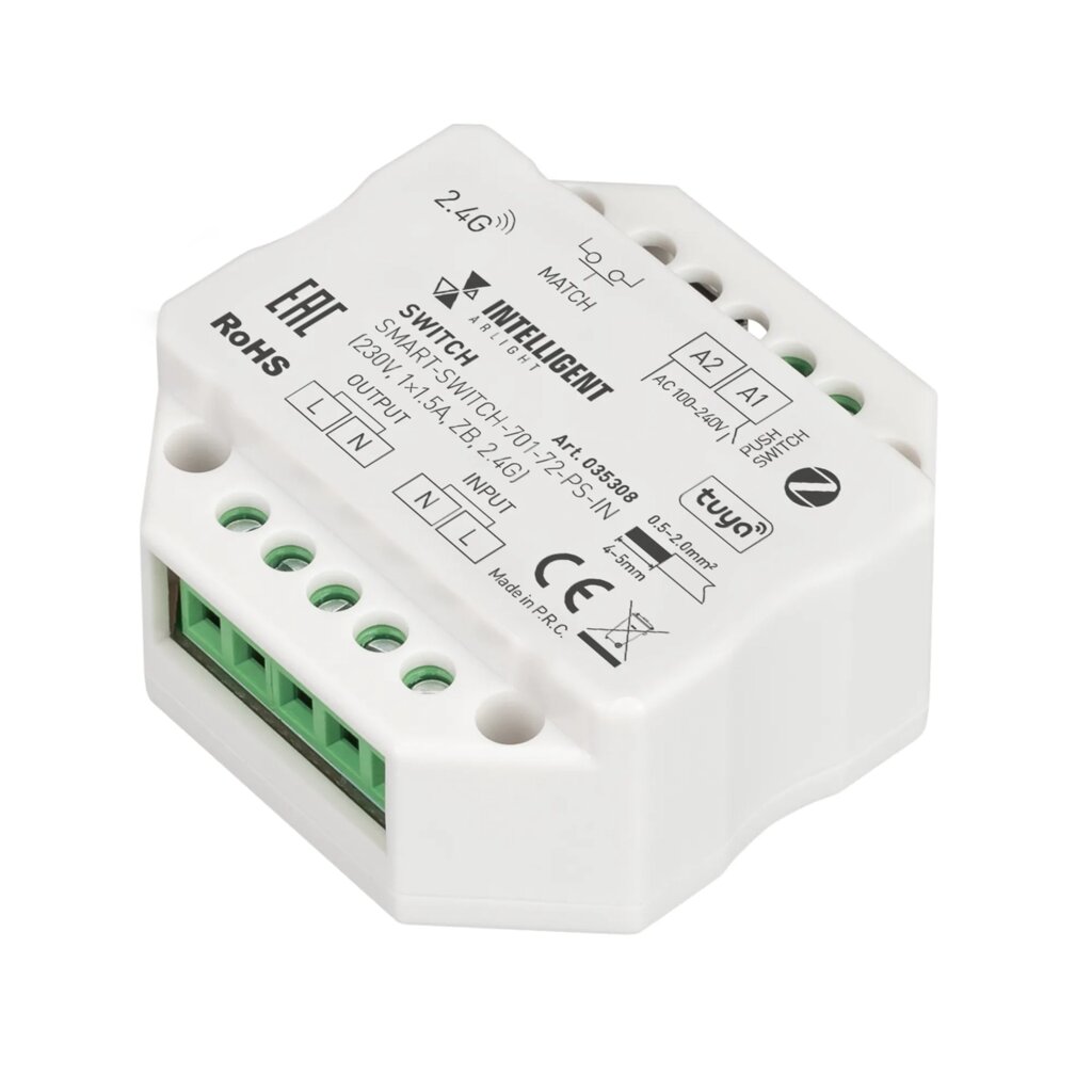 INTELLIGENT ARLIGHT Релейный модуль SMART-SWITCH-701-72-PS-IN (230V, 1x1.5A, ZB, 2.4G) (IARL, Пластик) 035308 от компании ФЕРОСВЕТ  ( FEROSVET) - фото 1