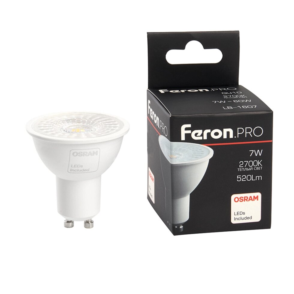 Лампа светодиодная FERON LB-1607, MR16 (рефлекторная), 7W 175-265V GU10 2700К (белый теплый), рассеиватель прозрачный от компании ФЕРОСВЕТ  ( FEROSVET) - фото 1