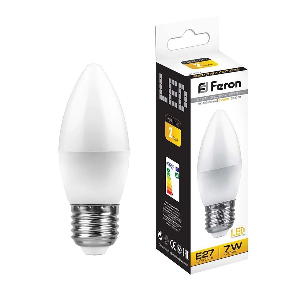 Лампа светодиодная FERON LB-97, C37 (свеча), 7W 175-265V E27 2700К (белый теплый), рассеиватель матовый белый, 560Lm, от компании ФЕРОСВЕТ  ( FEROSVET) - фото 1