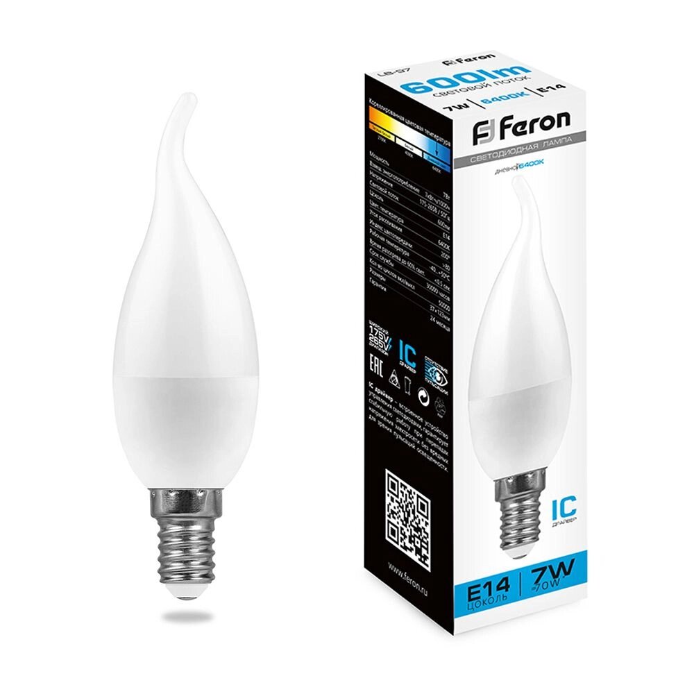 Лампа светодиодная FERON LB-97, C37T (свеча на ветру), 7W 175-265V E14 6400К (дневной), рассеиватель матовый белый, от компании ФЕРОСВЕТ  ( FEROSVET) - фото 1