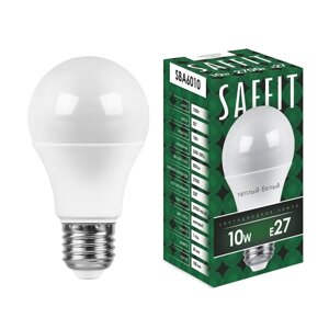 Лампа светодиодная SAFFIT SBA6010, A60 (шар), 10W 175-265V E27 2700К (белый теплый), рассеиватель матовый белый, 800Lm,