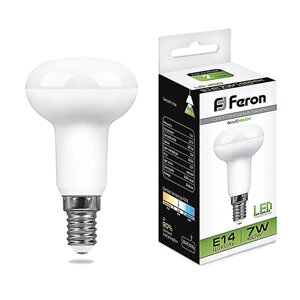 Лампа светодиодная FERON LB-450, R50 (рефлекторная), 7W 175-265V E14 4000К (белый), рассеиватель матовый белый, 560Lm,