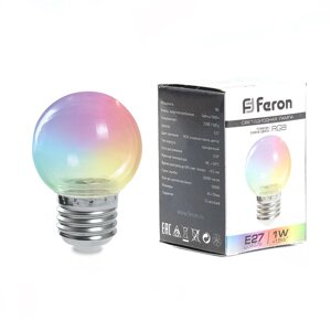 Лампа светодиодная FERON LB-37, G45 (шар), 1W 230V E27 (RGB), рассеиватель прозрачный угол рассеивания 270°, 70*45мм