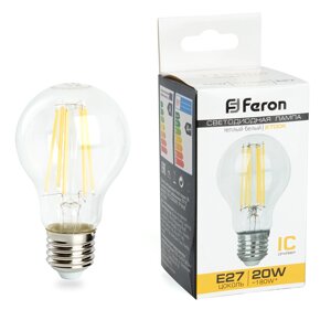 Лампа светодиодная филамент FERON LB-620, A60 (шар), 20W 175-265V E27 2700К (белый теплый), рассеиватель прозрачный в Москве от компании ФЕРОСВЕТ  ( FEROSVET)