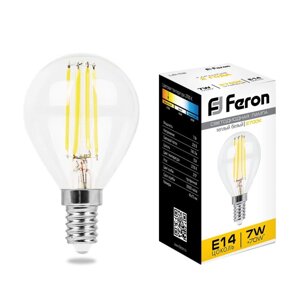 Лампа светодиодная филамент FERON LB-52, G45 (шар малый), 7W 230V E14 2700К (белый теплый), рассеиватель прозрачный