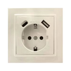 Розетка STEKKER PST16-9016-02 (расстояние между монтажн. отвер-ми: 66*66мм) на 1+USB+Type C гнездо, с заземлением.