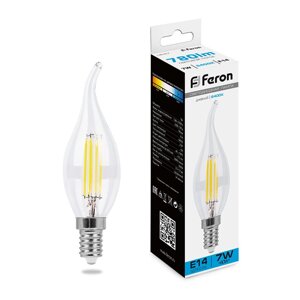 Лампа светодиодная филамент FERON LB-67, C35T (свеча на ветру), 7W 230V E14 6400К (дневной), рассеиватель прозрачный