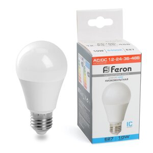 Лампа светодиодная FERON LB-192, A60 (шар), 10W 12-48V E27 6400К (дневной), рассеиватель матовый белый, 800Lm, угол