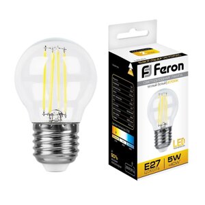 Лампа светодиодная филамент FERON LB-61, (шар малый), 5W 230V E27 2700К, рассеиватель прозрачный 530Lm, 270°, 75*45 мм