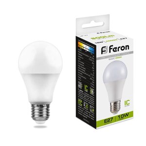 Лампа светодиодная FERON LB-92, A60 (шар), 10W 175-265V E27 4000К (белый), рассеиватель матовый белый, 800Lm, угол