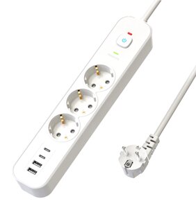 HM21-31-03 Сетевой фильтр 3-местный с/з 3x1мм2, 3 м, 250В, 16А, 2 USB-A+2 Type-C 3, серия Nova, белый