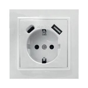 Розетка STEKKER PST16-9016-01 (расстояние между монтажн. отвер-ми: 66*66мм) на 1+USB+Type C гнездо, с заземлением.