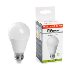 Лампа светодиодная FERON LB-193, A60 (шар), 12W 12-48V E27 4000К (белый), рассеиватель матовый белый, 1100Lm, угол