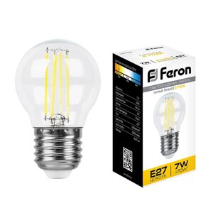 Лампа светодиодная филамент FERON LB-52, G45 (шар малый), 7W 230V E27 2700К (белый теплый), рассеиватель прозрачный