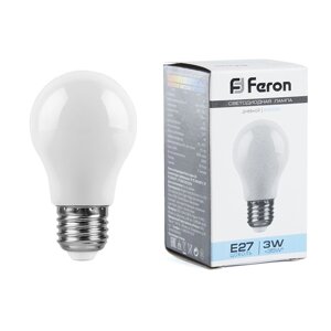 Лампа светодиодная FERON LB-375, A50 (шар), 3W 230V E27 6400К (дневной), рассеиватель матовый белый, 240Lm, угол