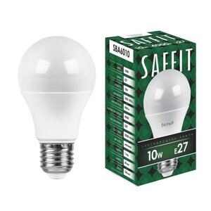 Лампа светодиодная SAFFIT SBA6010, A60 (шар), 10W 175-265V E27 4000К (белый), рассеиватель матовый белый, 800Lm, угол