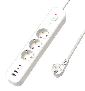 HM21-31-02 Сетевой фильтр 3-местный с/з 3x1мм2, 1,8 м, 250В, 16А, 2 USB-A+2 Type-C, серия Nova, белый