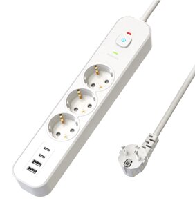 HM21-31-05 Сетевой фильтр 3-местный с/з 3x1мм2, 5 м, 250В, 16А, 2 USB-A+2 Type-C 3, серия Nova, белый