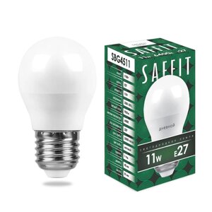 Лампа светодиодная SAFFIT SBG4511, G45 (шар), 11W 230V E27 6400К, рассеиватель матовый белый, 905Lm, 220°, 81*45 мм
