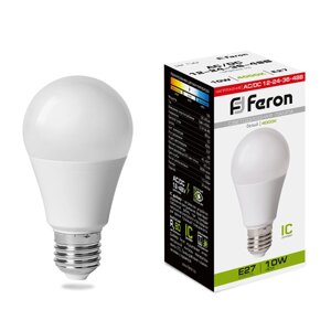 Лампа светодиодная FERON LB-192, A60 (шар), 10W 12-48V E27 4000К (белый), рассеиватель матовый белый, 800Lm, угол