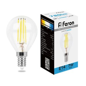 Лампа светодиодная филамент FERON LB-52, G45 (шар малый), 7W 230V E14 6400К (дневной), рассеиватель прозрачный 780Lm,