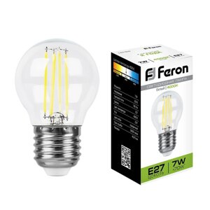 Лампа светодиодная филамент FERON LB-52, G45 (шар), 7W 230V E27 4000К, рассеиватель прозрачный 760Lm, 270°, 75*45 мм
