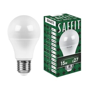 Лампа светодиодная SAFFIT SBA6015, A60 (шар), 15W 230V E27 4000К, рассеиватель матовый белый, 1500Lm, 220°, 110*60 мм