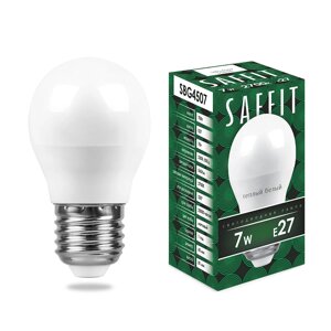 Лампа светодиодная SAFFIT SBG4507, G45 (шар), 7W 230V E27 2700К (белый теплый), рассеиватель матовый белый, 560Lm, угол