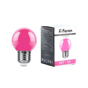 Лампа светодиодная LB-37, G45 (шар), 1W 230V E27 (розовый), рассеиватель матовый розовый, 270°, 70*45 мм