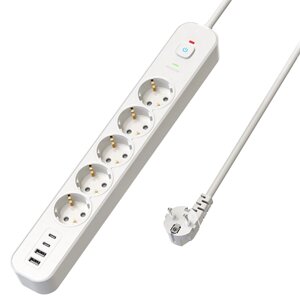 HM21-51-05 Сетевой фильтр 5-местный с/з 3x1мм2, 5 м, 250В, 16А, 2 USB-A+2 Type-C 3, серия Nova, белый