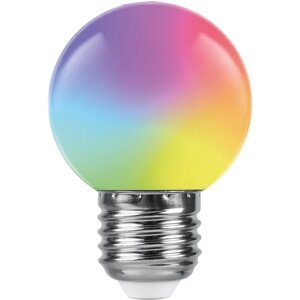 Лампа светодиодная FERON LB-37, G45 (шар), 1W 230V E27 (RGB), рассеиватель матовый, 270°, 70*45 мм