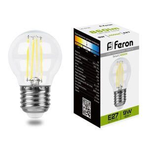 Лампа светодиодная филамент FERON LB-509, G45 (шар малый), 9W 230V E27 4000К (белый), рассеиватель прозрачный 860Lm,