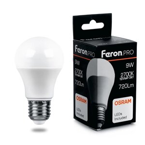 Лампа светодиодная FERON LB-1009, A60 (шар), 9W 230V E27 2700К (белый теплый), рассеиватель матовый белый, 720Lm, угол