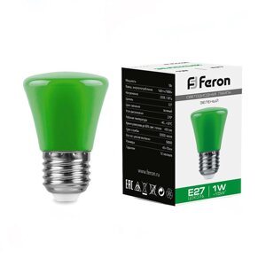 Лампа светодиодная FERON LB-372, C45 (колокольчик), 1W 230V E27, рассеиватель матовый зеленый, 220°, 70*45 мм