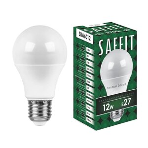 Лампа светодиодная SAFFIT SBA6012, A60 (шар), 12W 230V E27 2700К, рассеиватель матовый белый, 1100Lm, 220°, 112*60 мм