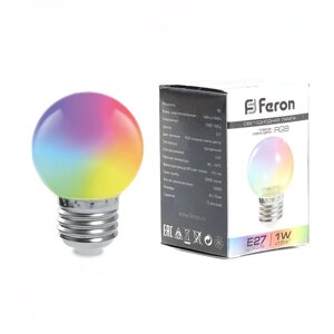 Лампа светодиодная FERON LB-37, G45 (шар), 1W 230V E27 (RGB), рассеиватель матовый угол рассеивания 270°, 70*45мм