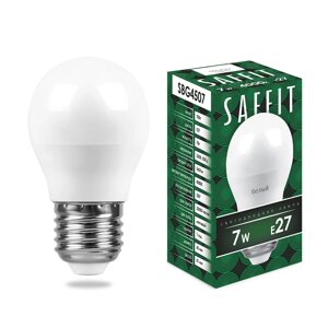 Лампа светодиодная SAFFIT SBG4507, G45 (шар), 7W 230V E27 4000К (белый), рассеиватель матовый белый, 560Lm, угол