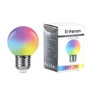 Лампа светодиодная FERON LB-37, G45 (шар), 1W 230V E27 (RGB), рассеиватель матовый, 270°, 70*45 мм