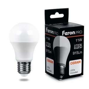 Лампа светодиодная FERON LB-1011, A60 (шар), 11W 175-265V E27 2700К (белый теплый), рассеиватель матовый белый, 915Lm,