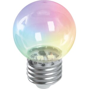 Лампа светодиодная LB-37, G45 (шар), 1W 230V E27 (RGB), рассеиватель прозрачный, угол рассеивания 270°, 70*45 мм