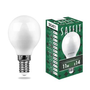 Лампа светодиодная SBG4511, G45 (шар), 11W 230V E14 6400К (дневной), рассеиватель матовый, 905Lm, 220°, 80*45мм
