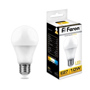 Лампа светодиодная FERON LB-92, A60 (шар), 10W 175-265V E27 2700К (белый теплый), рассеиватель матовый белый, 800Lm,