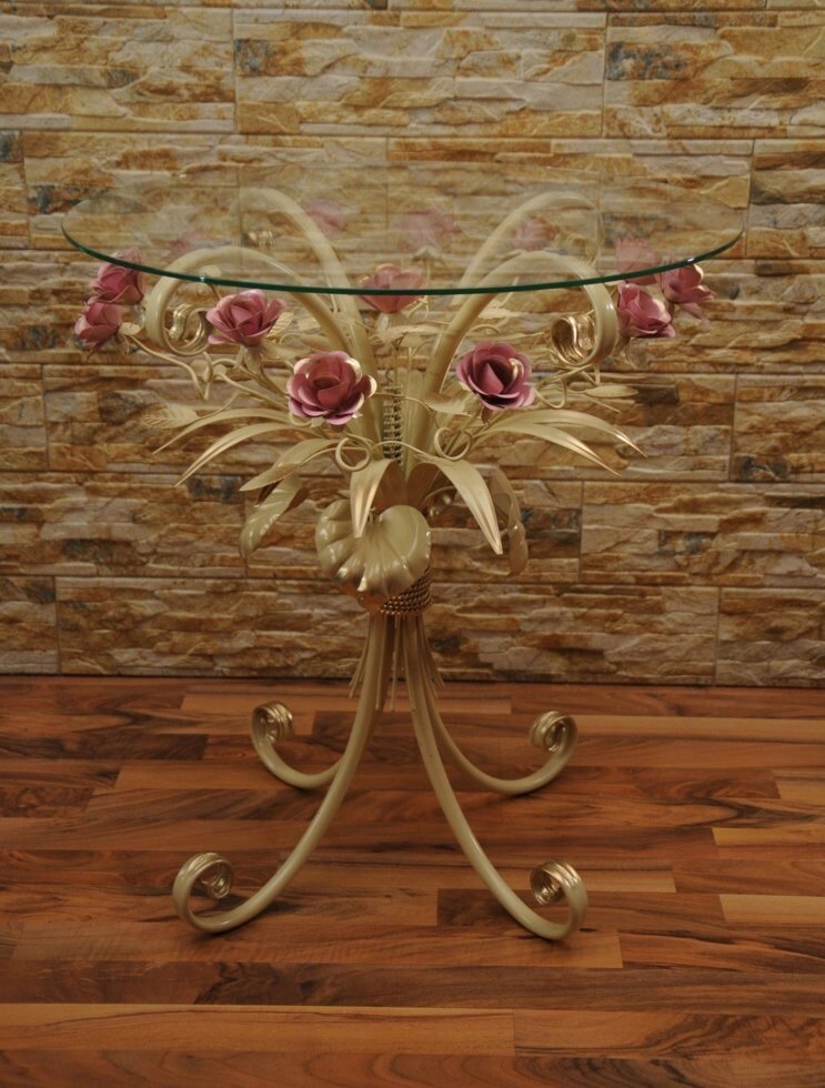 Стеклянный журнальный столик цвета слоновой кости с розовыми розами С110 TR - интернет магазин
