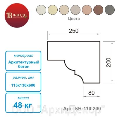 Карниз Вландо , КН-110.200/скв, 200х250х600 мм (Высота х Вылет х Длина), архитектурный бетон, для фасадного декора от компании ООО "АрхиДекор" - фото 1