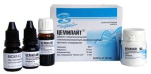 Цемилайт- стеклополиалк. цемент св. отвержд. д/ пломб, прокладок (50г. пор.+20мл. жид.+15мл. конд+7мл. лак)