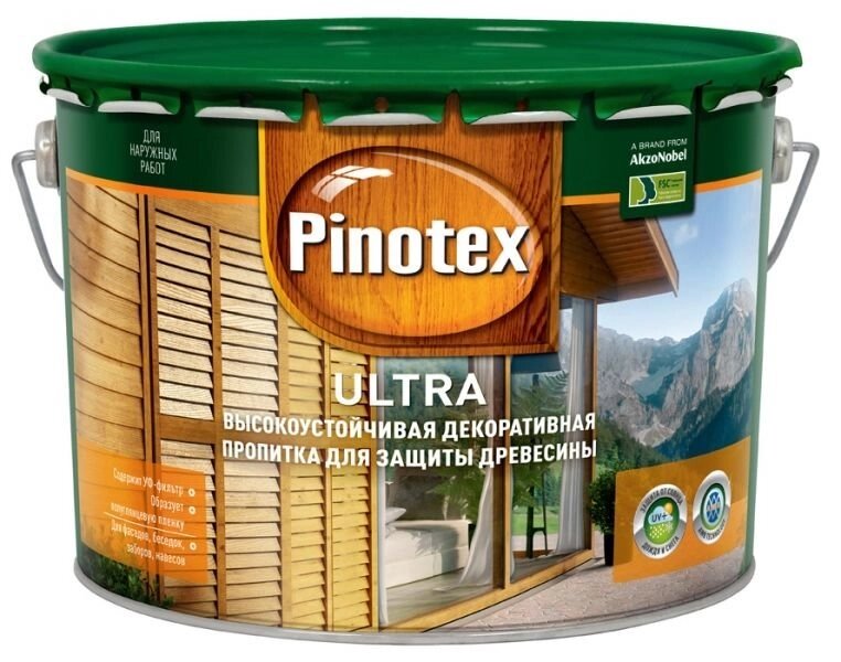 Высокоэффективная декоративно-защитная пропитка для древесины Pinotex Ultra, банка 9 л - характеристики