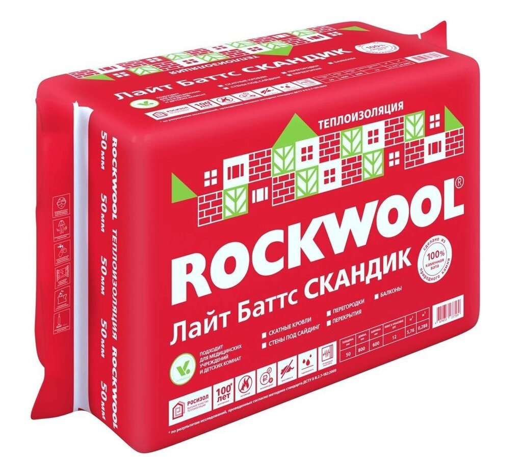 Утеплитель Rockwool Лайт Баттс Скандик, плита 800х600х100 мм, упаковка 2,88 м2 - наличие