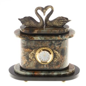 Часы "Пара лебедей" бронза офиокальцит / каминные часы / часы декоративные / кварцевые часы / интерьерные часы /