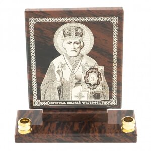 Икона настольная "Св. Николай Чудотворец" из обсидиана с подсвечниками 122896